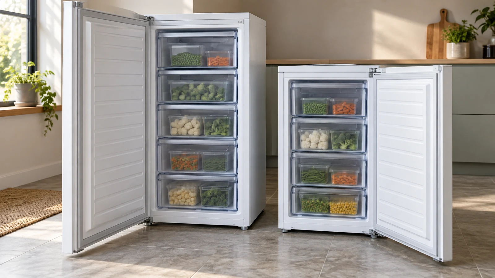 Liebherr UF-501 vs Smad freezer capacity: Two open white freezers of different sizes hold containers of vegetables in a kitchen.
