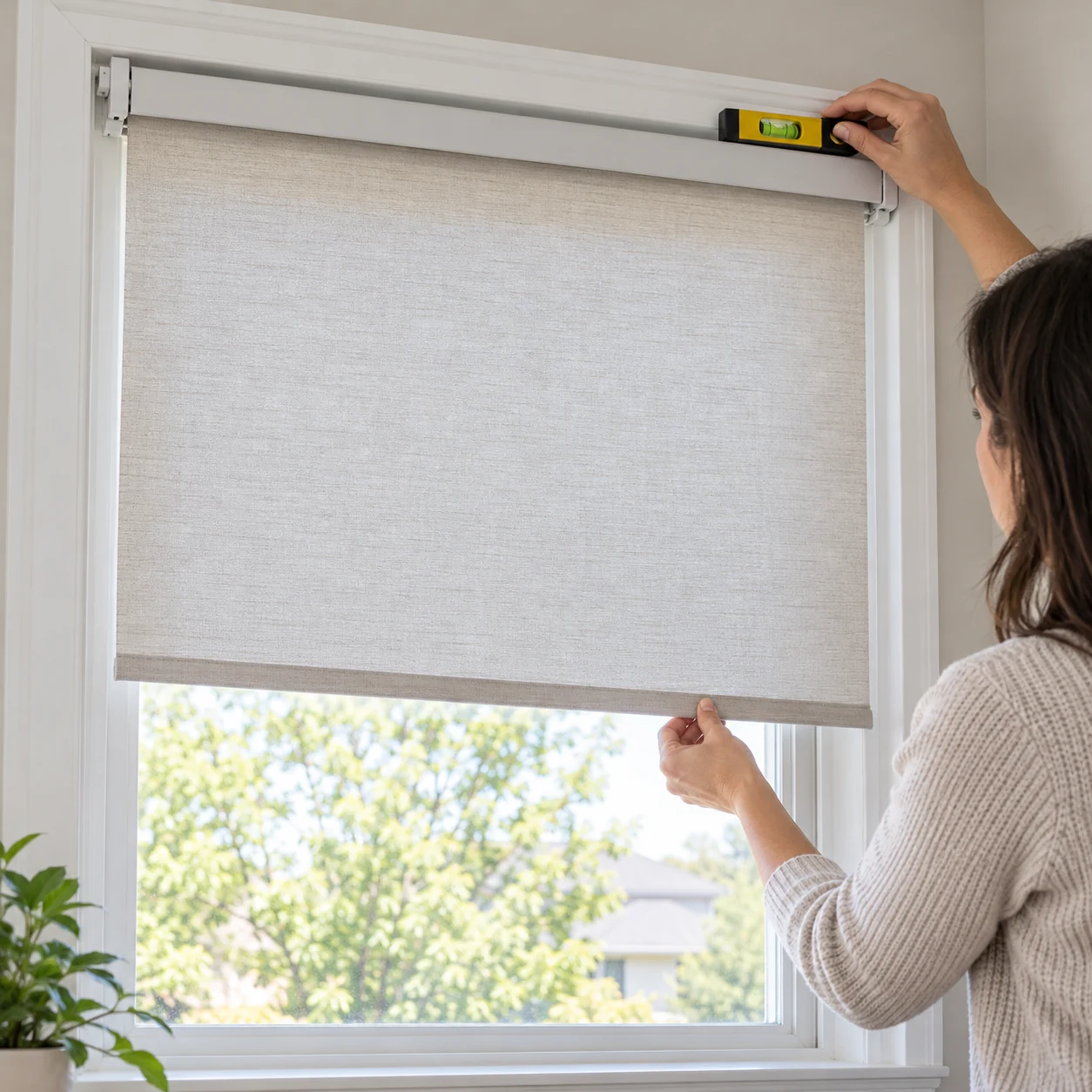 A cordless roller shade uneven hem in an interior window as a person compares its headrail with a small level and observes the lower fabric edge.