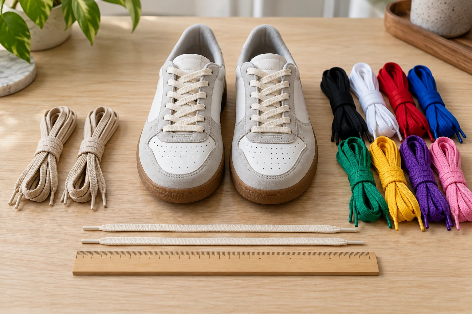 Shoelace replacement plan with a measured flat lace beside sneakers, two beige replacement pairs, and a separate group of colorful bulk laces.