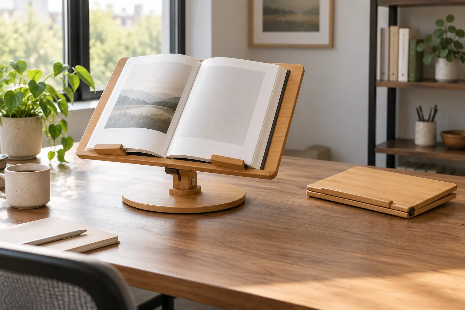 Rotating book stand desk setup with an open reference book, clear turning space, and a folded stand set aside nearby