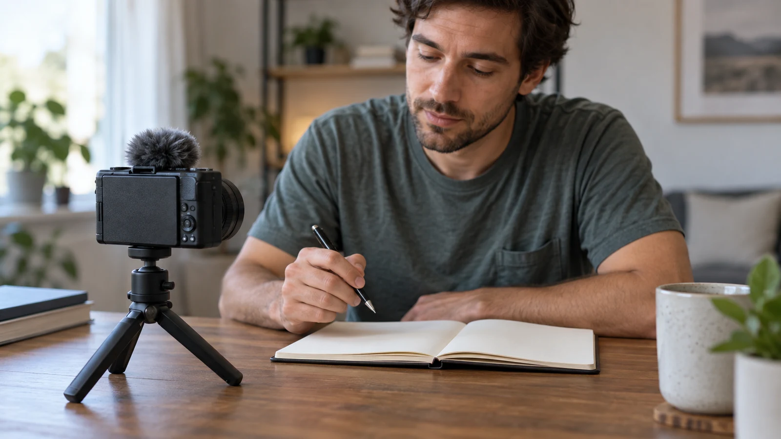 Sony ZV-1 II caption planning: A man beside a tripod-mounted camera holds a pen above an open notebook.