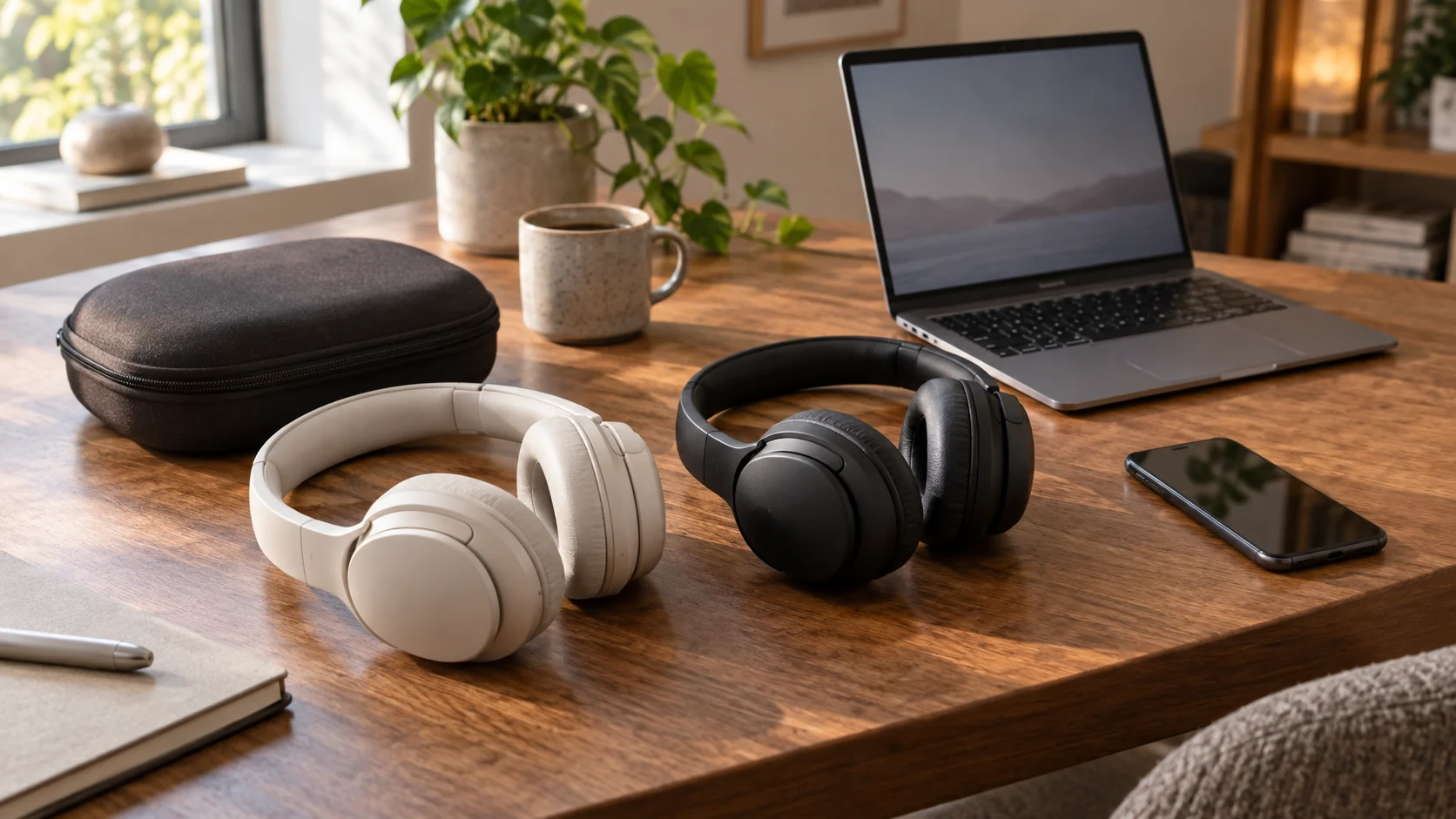 JBL Live 770NC vs Philips Fidelio L3 buying guide illustrated by generic over-ear headphones, a protective case, phone and computer; conceptual listening setup, not actual retail products.