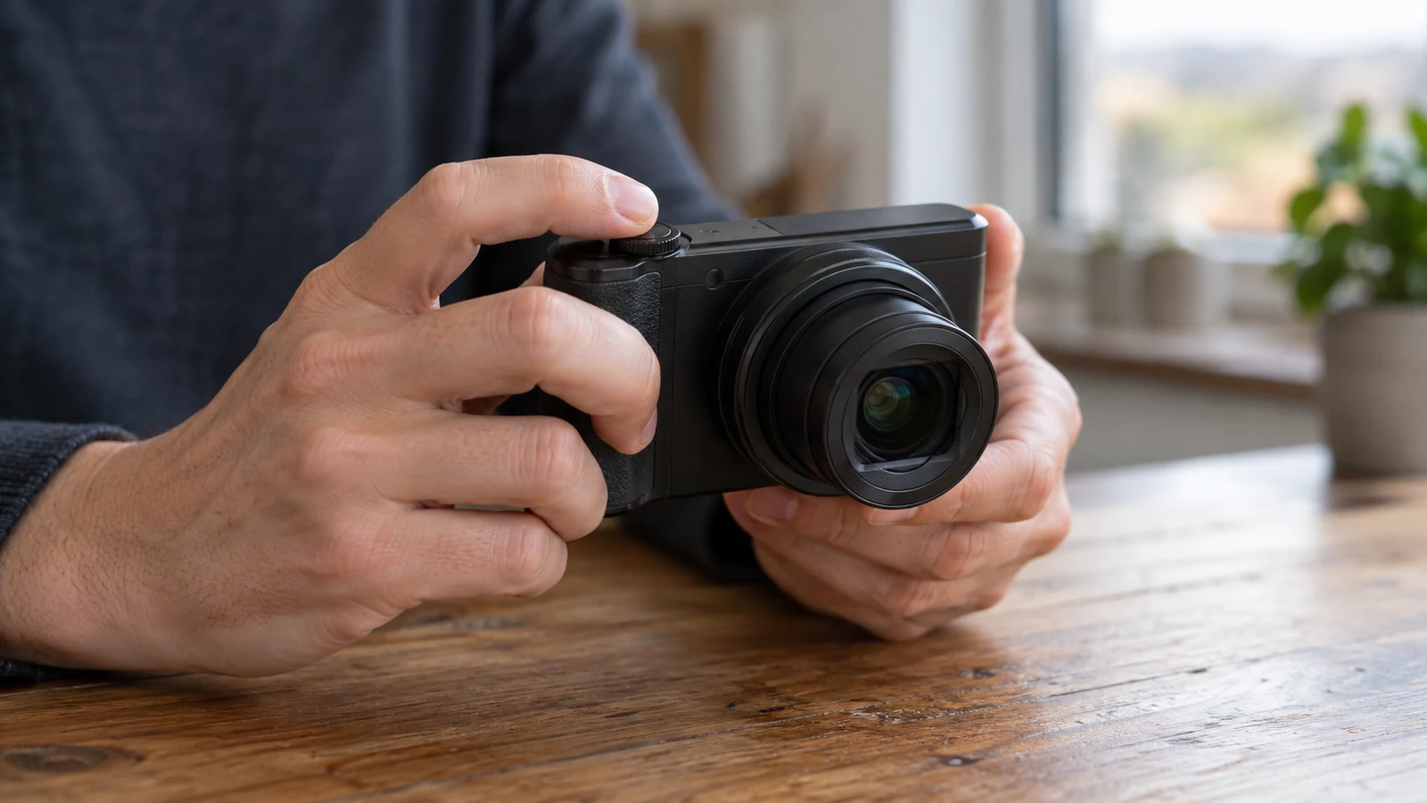 Sony ZV-1 II still capture during video: Two hands hold an unbranded black compact camera above a wooden table.