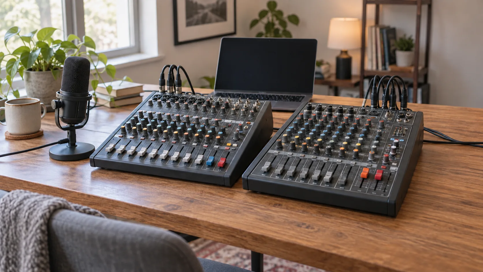 USB mixer recording modes illustrated by two generic audio mixing consoles and a microphone on a recording desk, representing the article's comparison of processing in captured mixes and untouched channel recordings; conceptual image, not exact retail models or supplied equipment.
