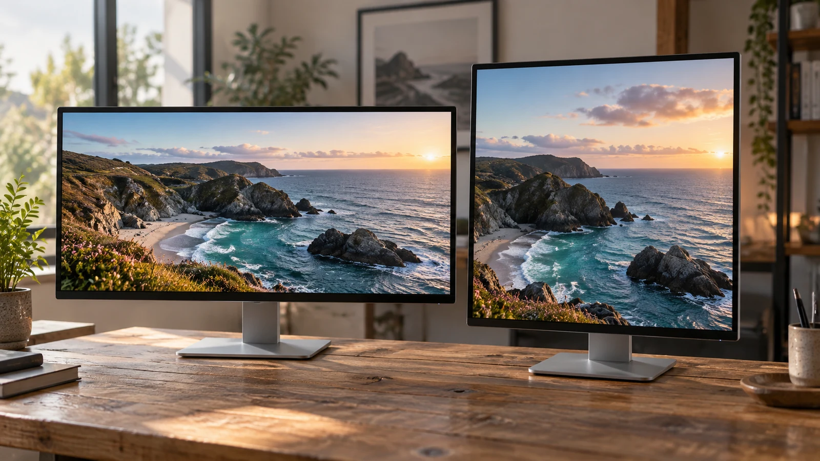 screen aspect ratio: Two differently proportioned monitors display coastal scenes on a wooden desk.