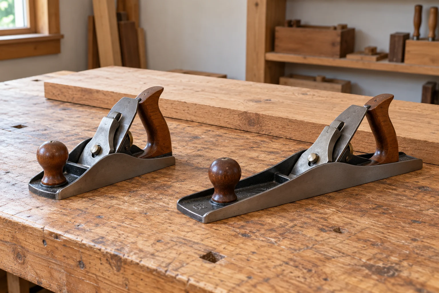 Hand plane parts concept with two whole generic inactive woodworking planes resting on an ordinary wooden workbench.