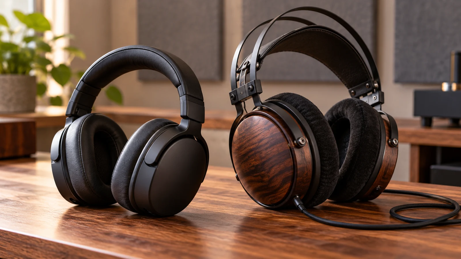 Astrum MX Pro ANC: Two unbranded pairs of over-ear headphones rest on a wooden desk.