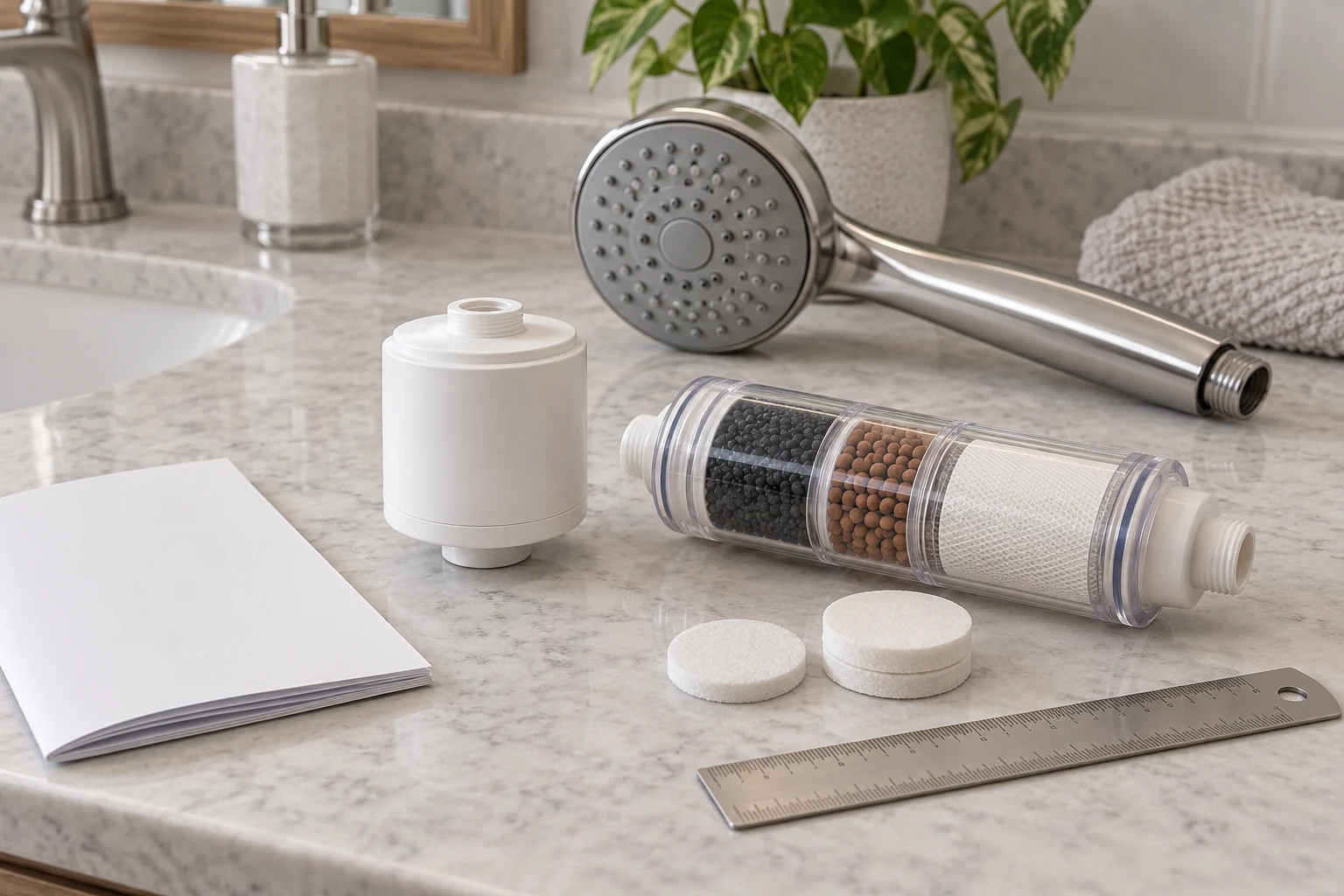 Shower filter cartridge compatibility comparison of a shower head, a compact white cartridge, a separate inline filter and a blank manual beside a ruler.