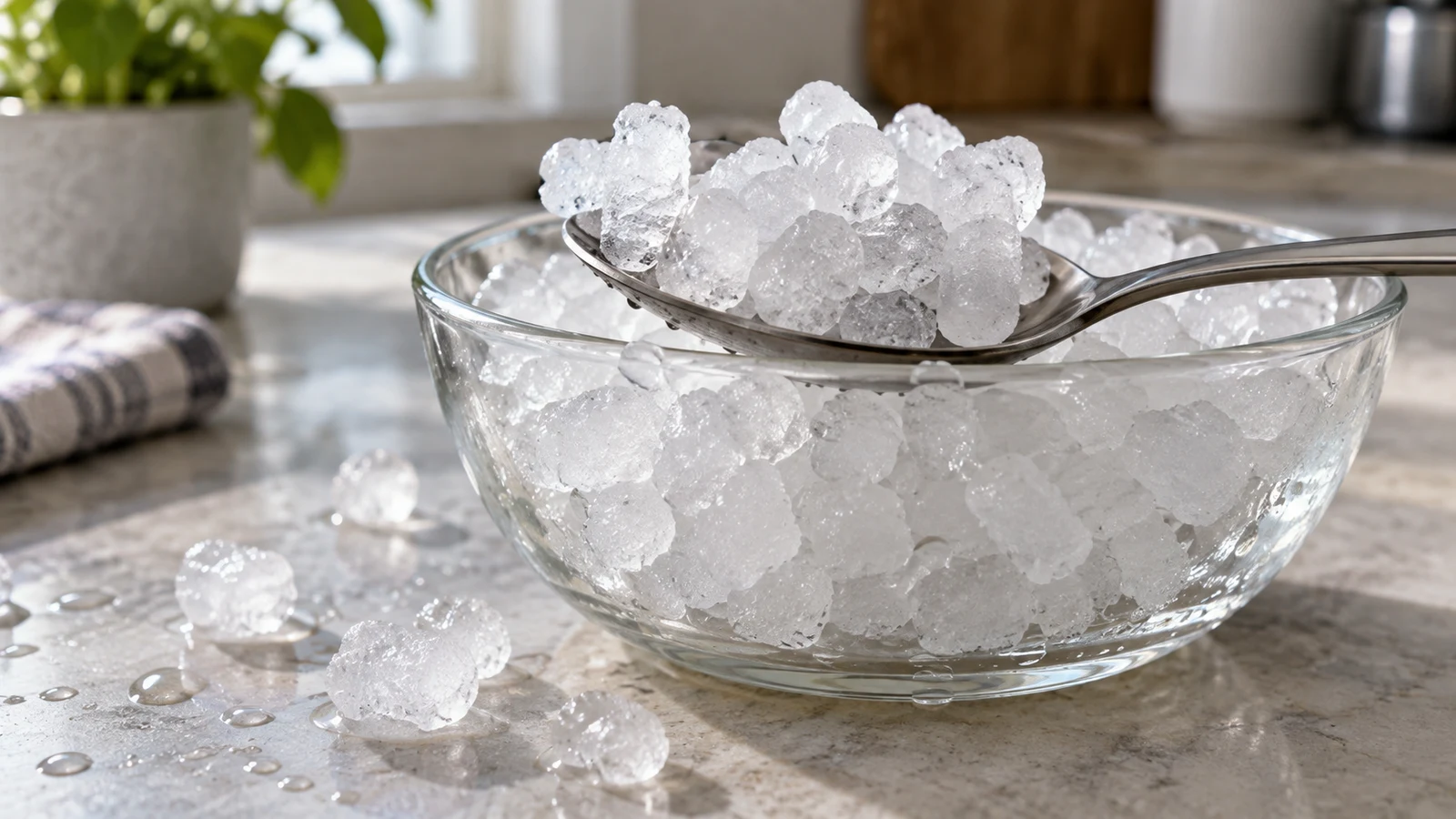 nugget ice texture checks: A metal spoon holds textured ice above a clear glass bowl on a stone counter.
