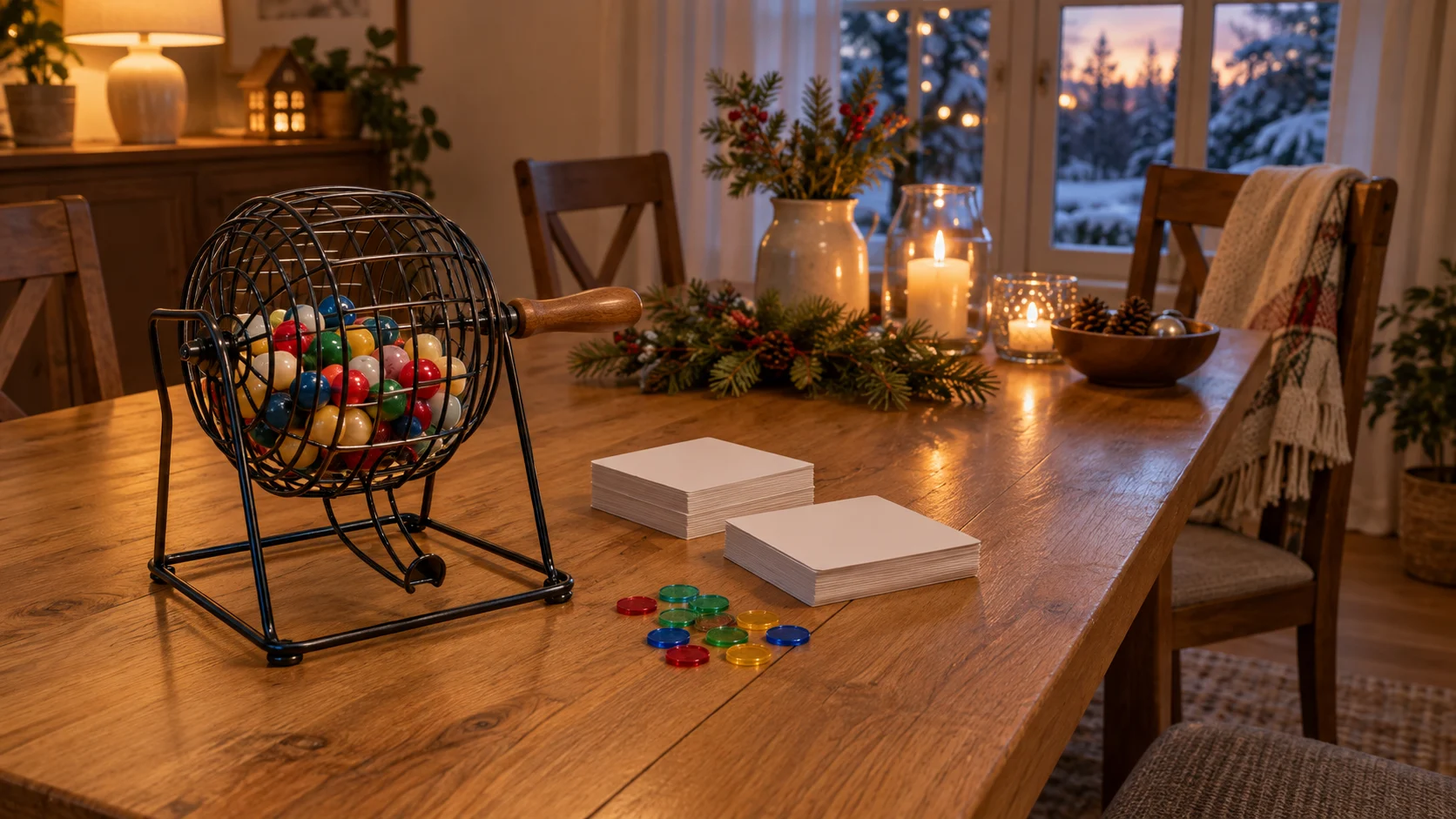 Christmas bingo game concept with generic inactive game supplies and blank card props on a holiday gathering table.