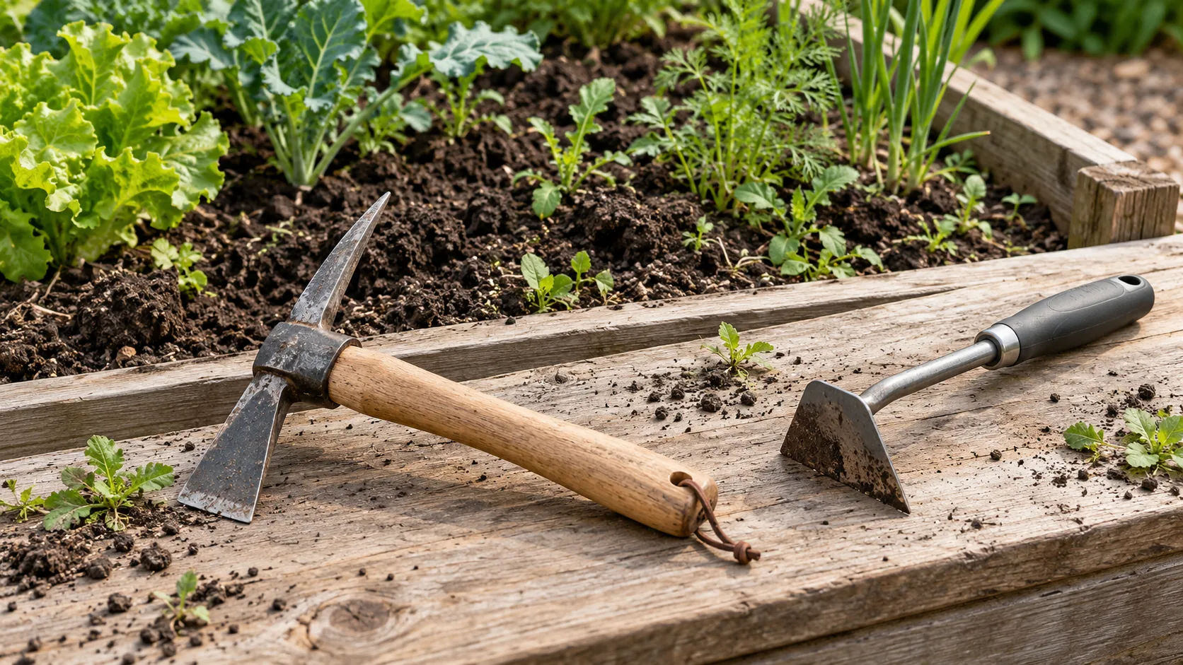 Hand hoe head shapes illustrated by a two-ended wood-handled pick and hoe beside a compact angled-blade hand hoe at a raised bed.