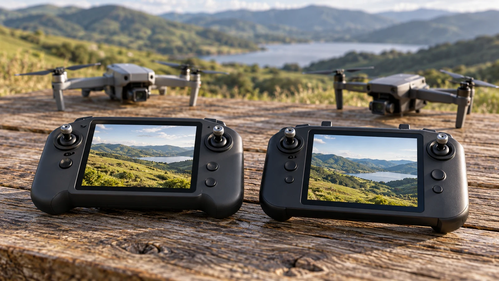 Catgeta: Two screen-equipped controllers and two drones sit on a wooden table overlooking a lake.