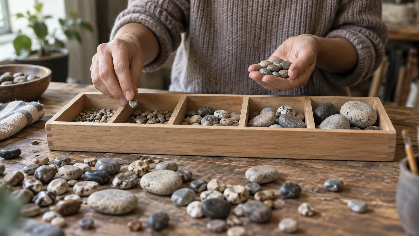 histogram bin planning: A person sorts different-sized pebbles into compartments of a wooden tray.