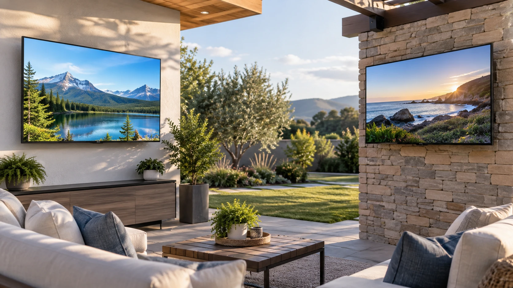 For SYLVOX OT43A2KHGD outdoor TV, weigh listed brightness, weather protection, streaming platform, mounting evidence, and a conflicting NavaTV size listing.