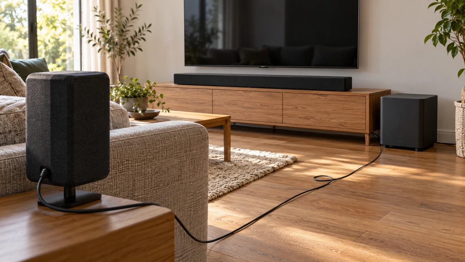 Mrmaere wired soundbar: A soundbar sits beneath a television while a speaker cable crosses the wooden floor.
