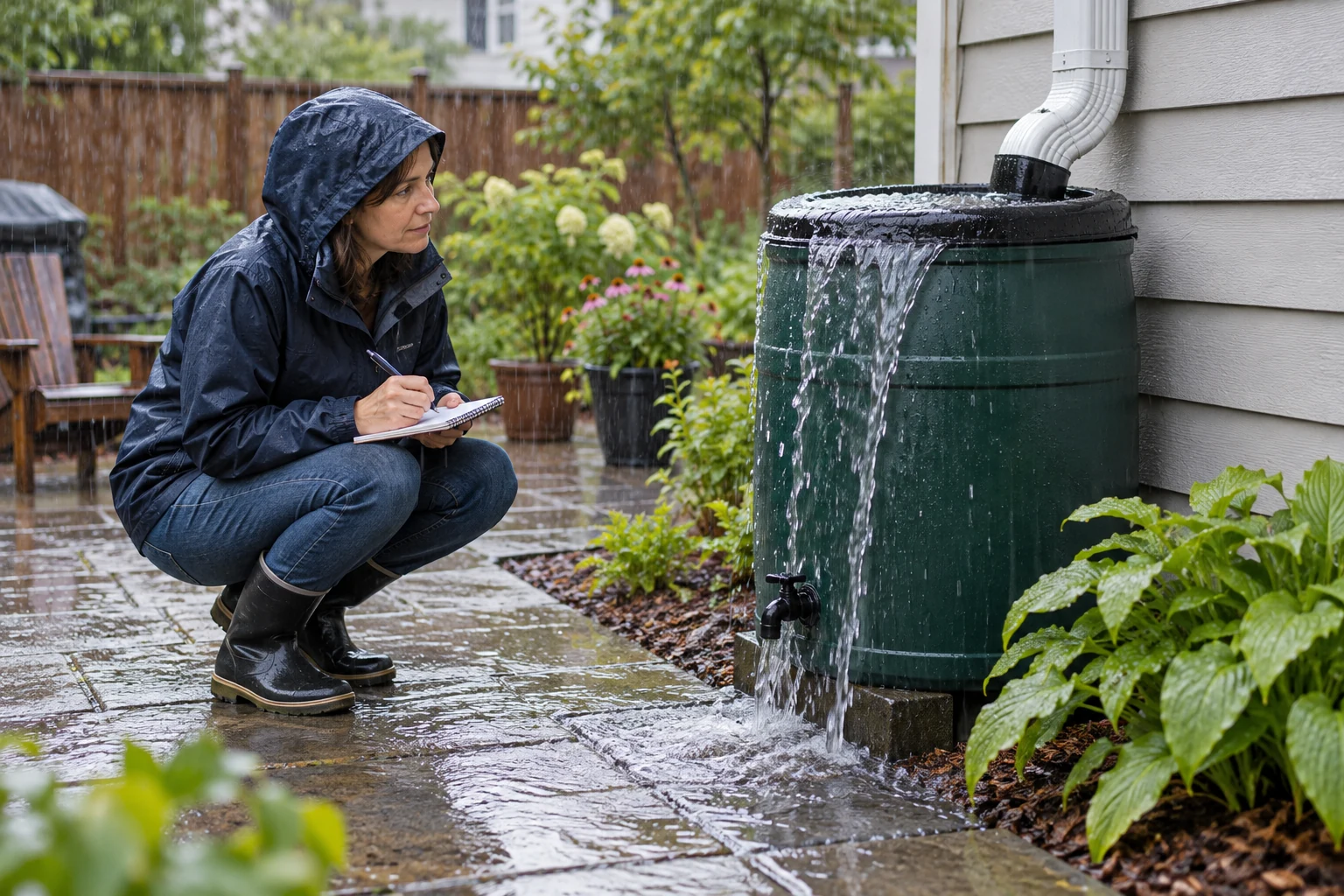 Rain barrel overflows at downspout as a person observes water spilling from a full covered barrel beside a house.