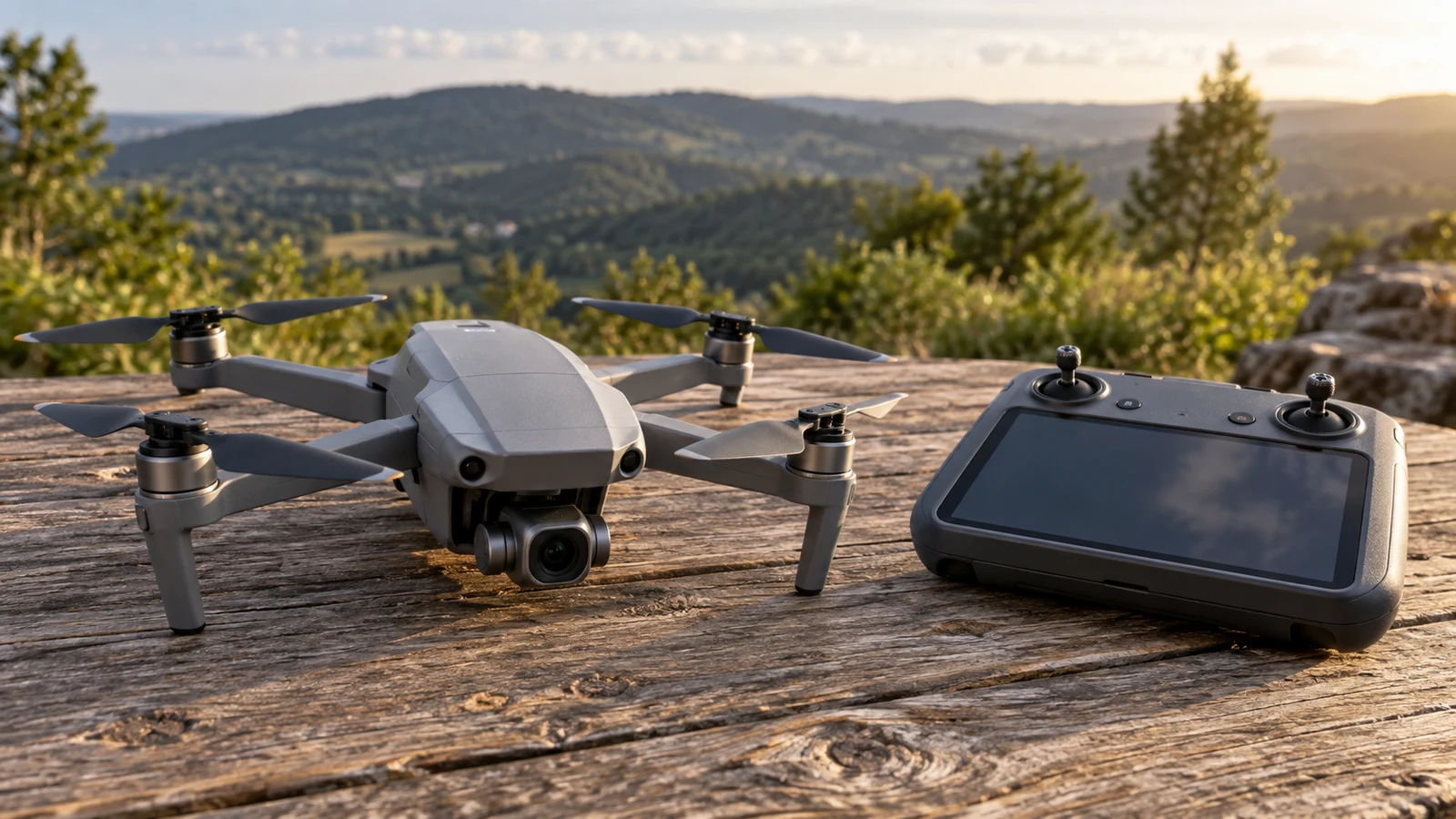 CARLED camera drone: A gray camera drone and a controller with a dark screen rest on a wooden table.