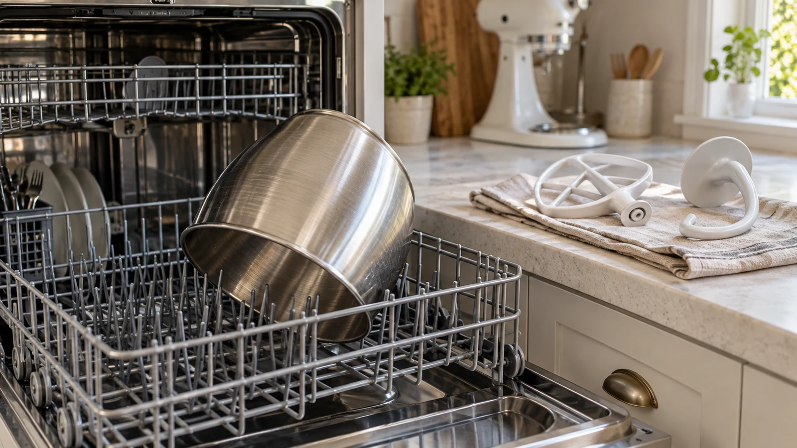 dishwasher loading checks: A metal bowl sits in an open dishwasher beside mixer attachments on a towel.