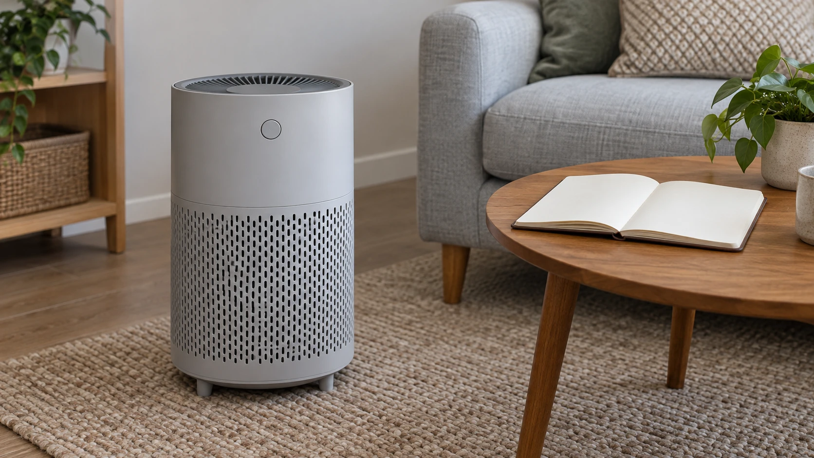 Why air purifier room ratings differ represented by one complete generic unpowered purifier beside a blank record notebook in a room; not an exact retail model, measured coverage or an approved placement.