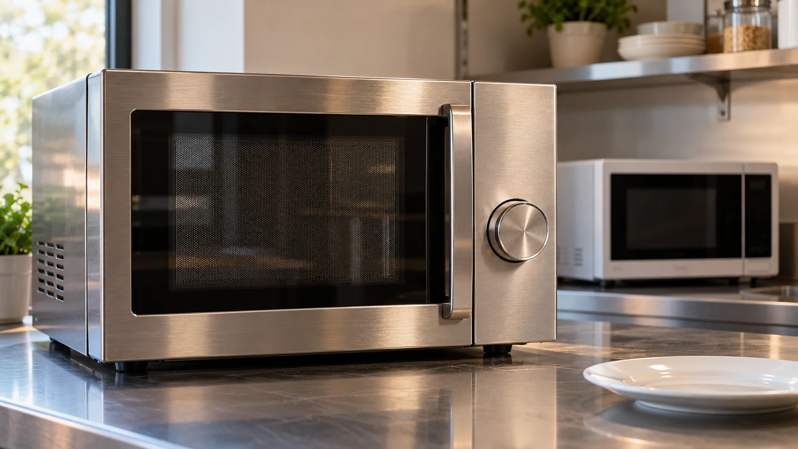 Midea commercial microwave: A steel microwave with a round dial stands near a smaller microwave and white plate on a counter.