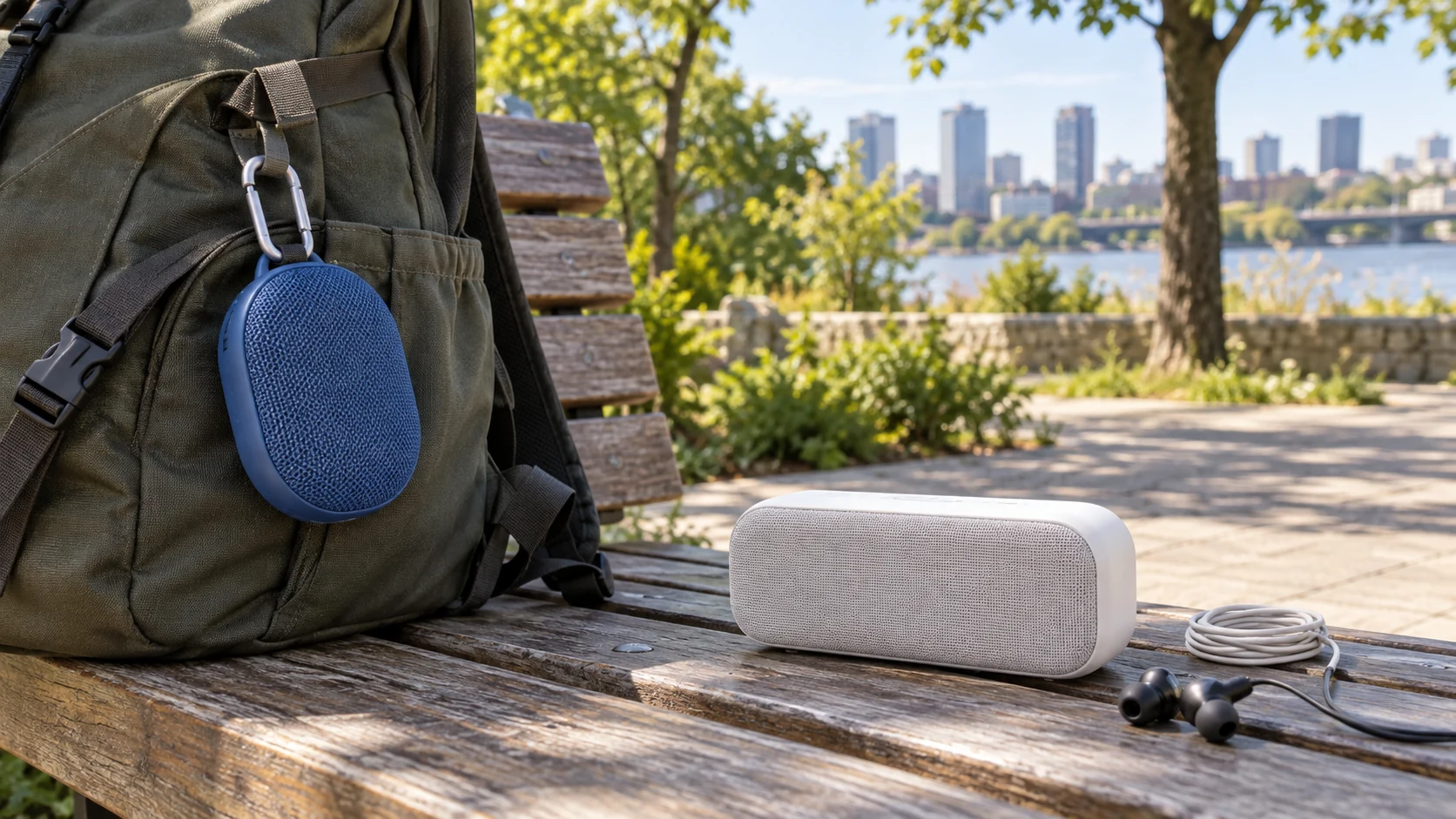 Sony ULT Field 1 vs JBL Clip 4 buying guide illustrated by a generic blue clip-on speaker attached to a day bag and a white portable speaker beside cable and earphones on a bench; a conceptual scene, not exact product photographs.
