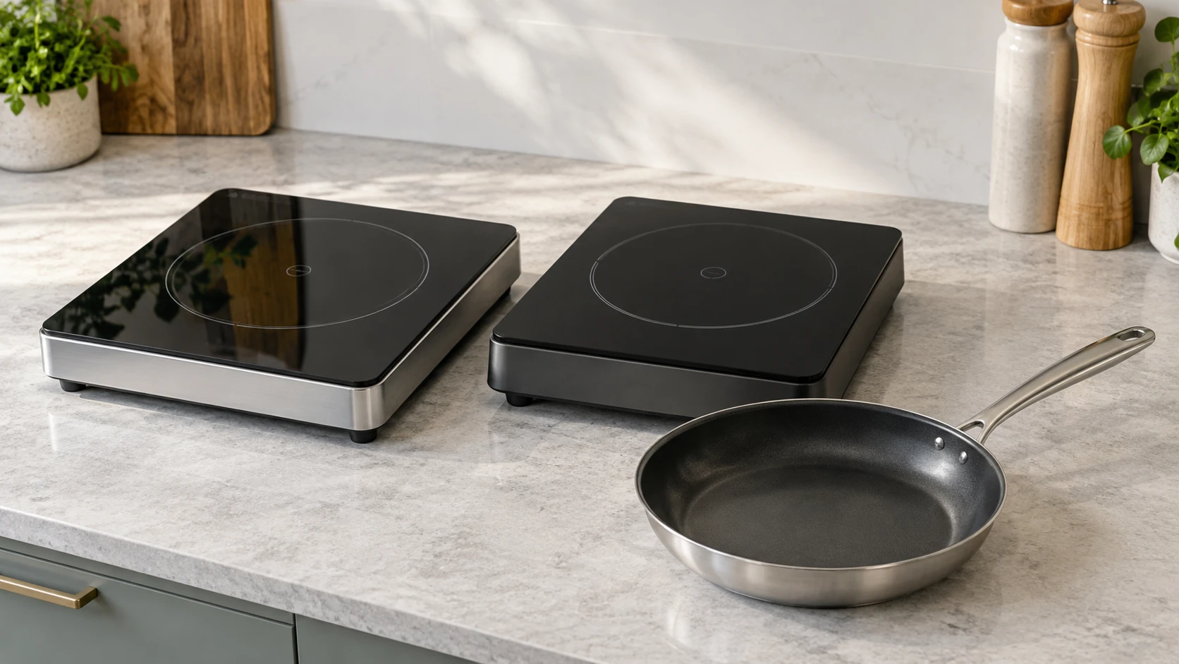 Induction cooktop cookware disclosures represented by two generic switched-off countertop cooking units and a separate plain pan; conceptual cover, not exact retail models, supplied accessory inventory or an approved heating arrangement.