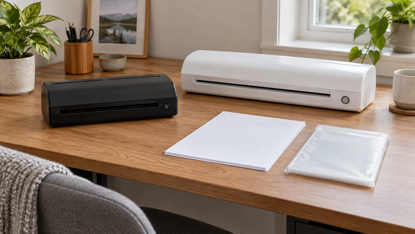 Laminator width and pouch thickness concept with two complete generic inactive desktop laminators beside separate blank paper and plain pouch packaging.