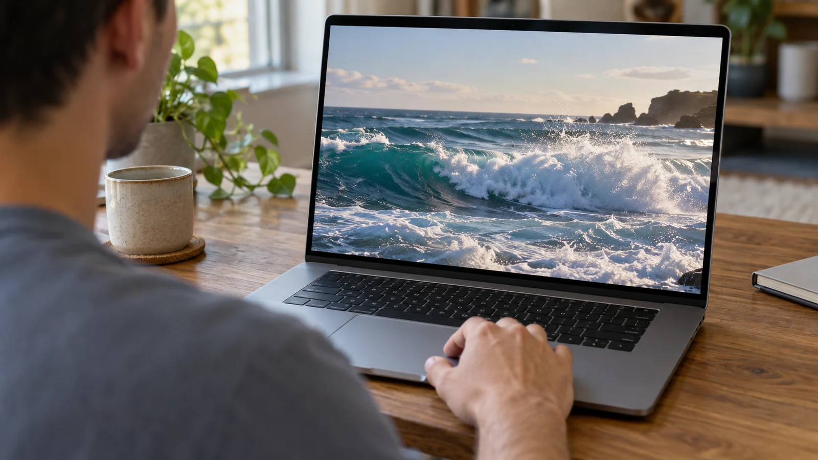Dell Inspiron playback speed checks: A person rests a hand on a laptop showing ocean waves at a wooden desk.
