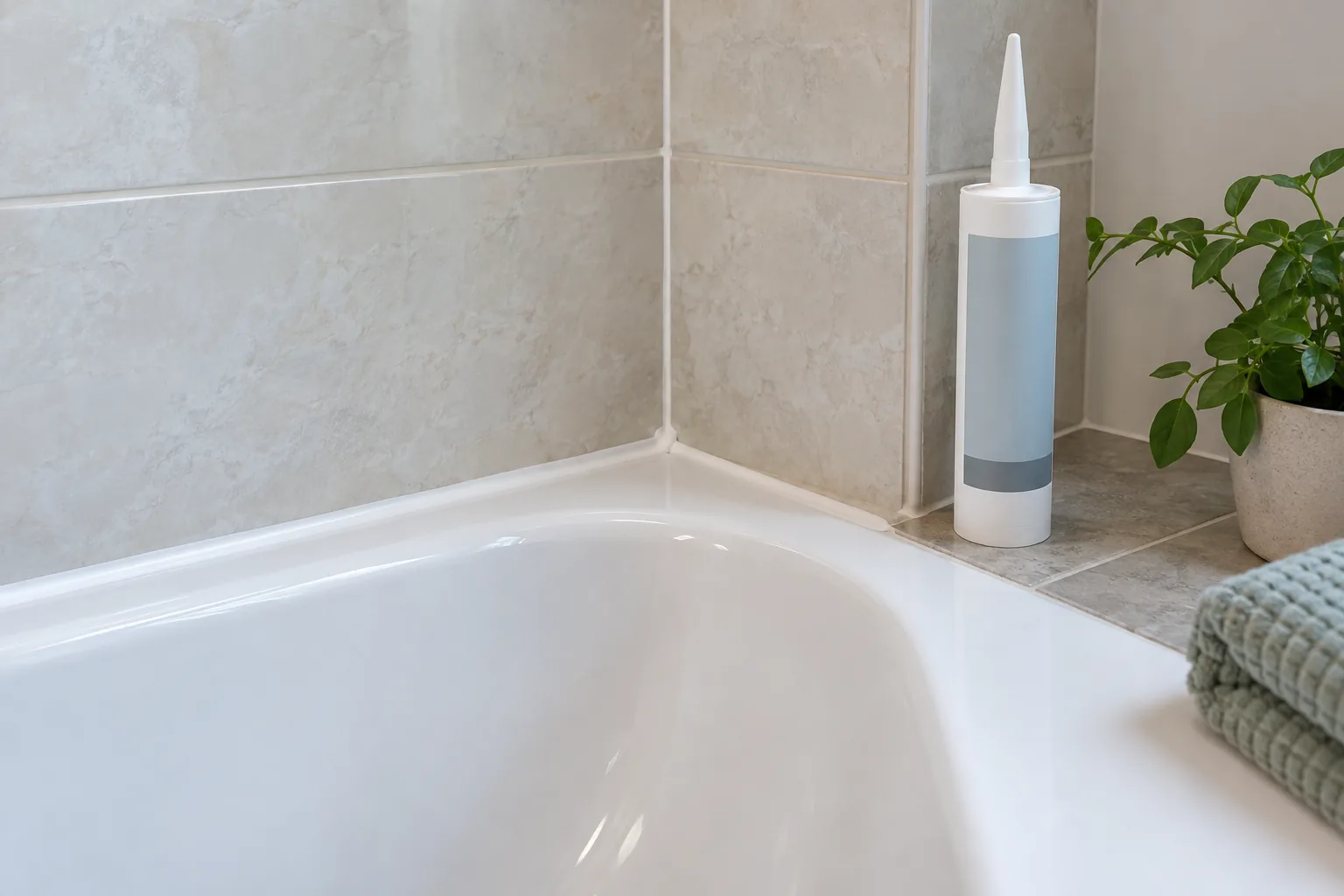 An undisturbed bathroom joint and cartridge label illustrate checks to make when caulk is still soft.