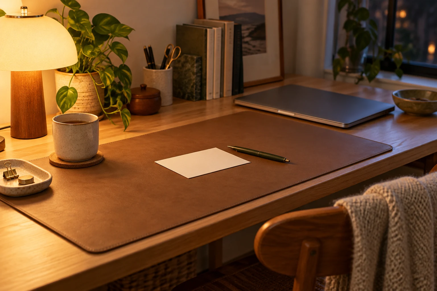 Desk mat evening reset with a closed laptop beside a brown mat, blank postcard and pen under a warm lamp.