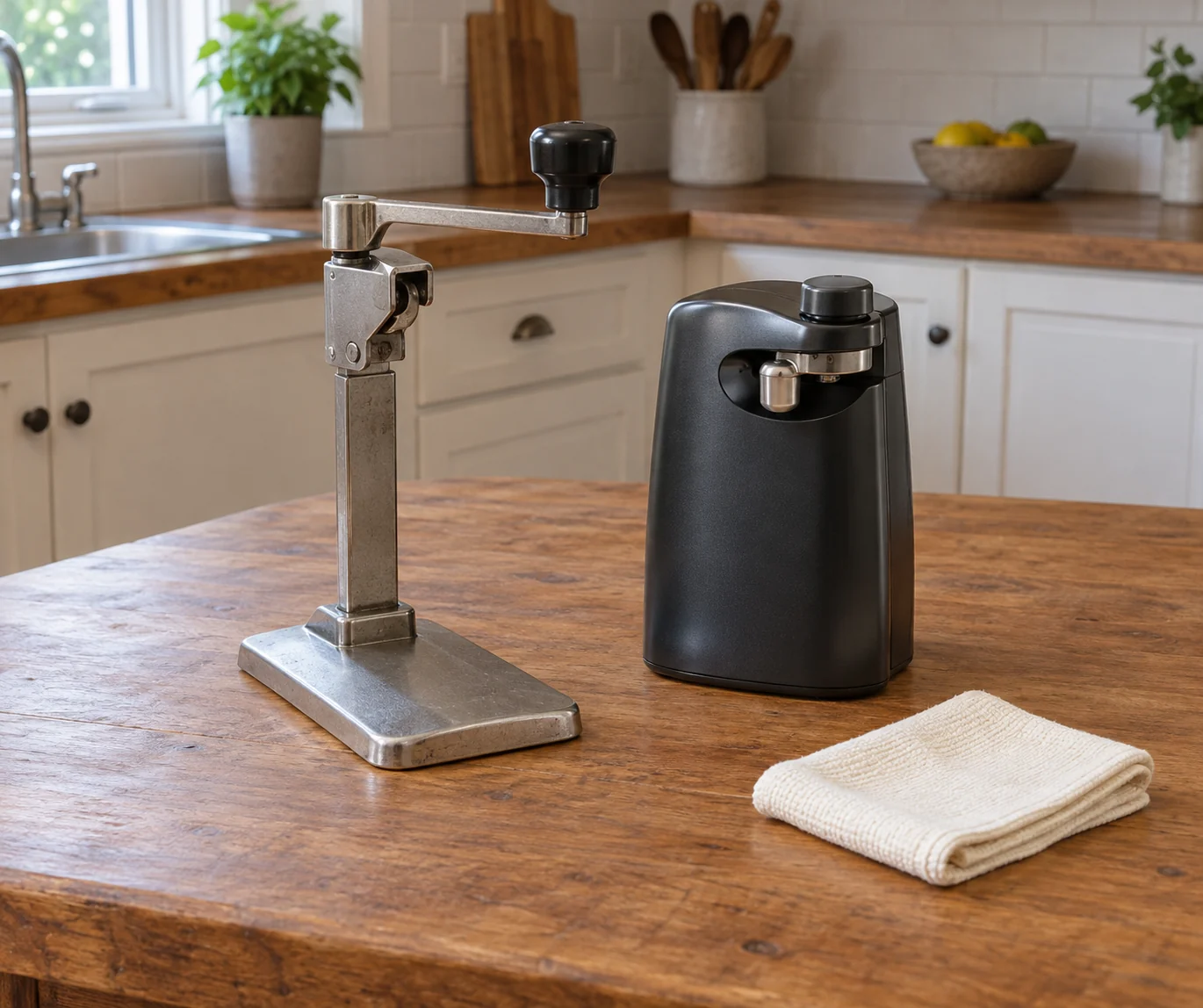 Edlund No.1 can opener wear concept with whole generic inactive manual and countertop can openers beside a folded cloth on a kitchen table.