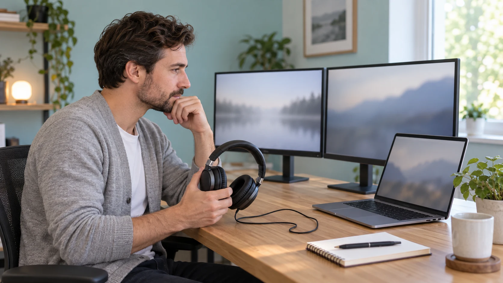 Monitor audio troubleshooting represented by a reader holding headphones beside generic desktop displays and a laptop; conceptual image, not exact models or proof of tested sound, supplied accessories or a hardware fault.