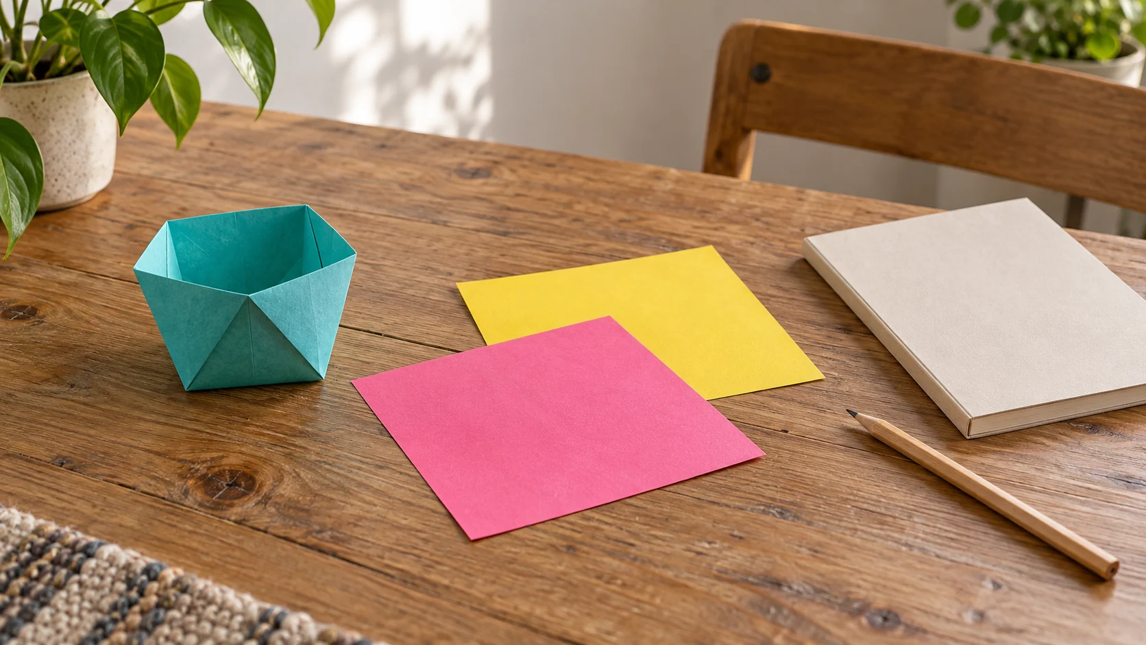 Fold an origami practice cup: conceptual whole empty turquoise paper model beside separate whole pink and yellow square sheets on a wood table.