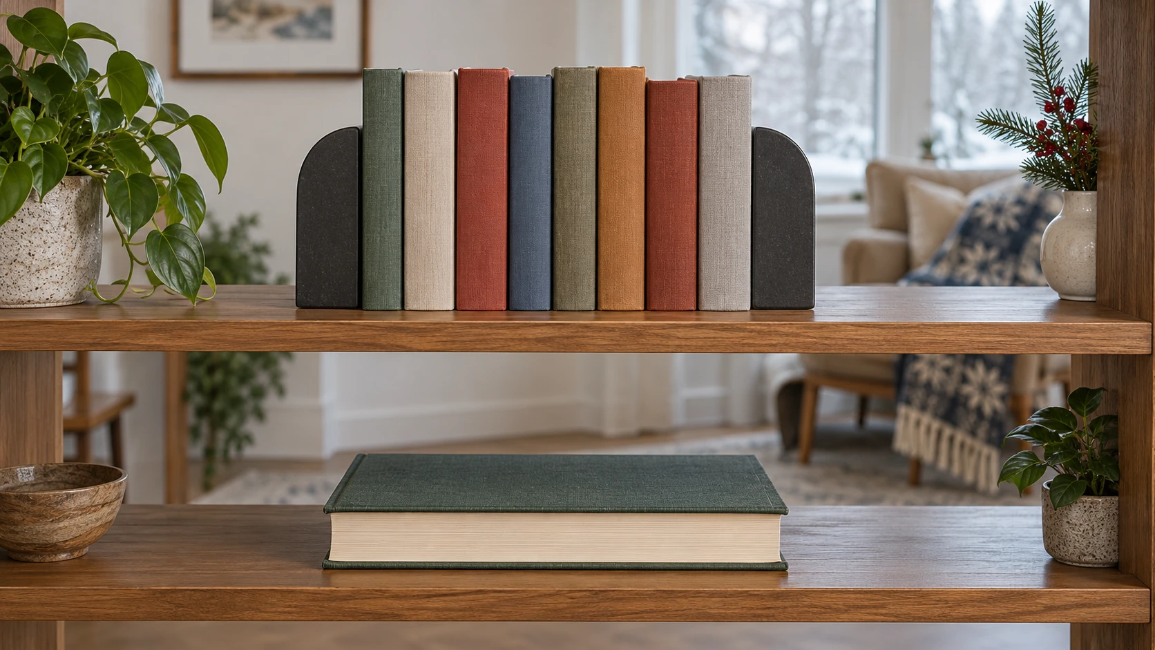 Holiday reading shelf concept with upright generic books between simple bookends and a whole large closed book lying flat below.