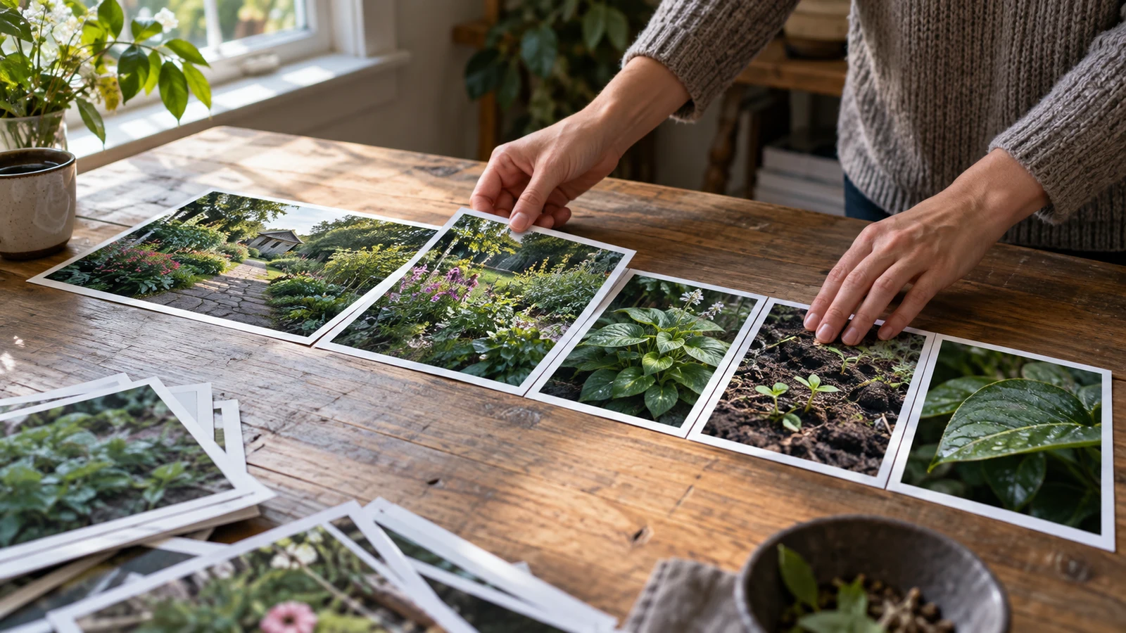 photo essay planning: A person arranges garden photographs in a row on a wooden table.