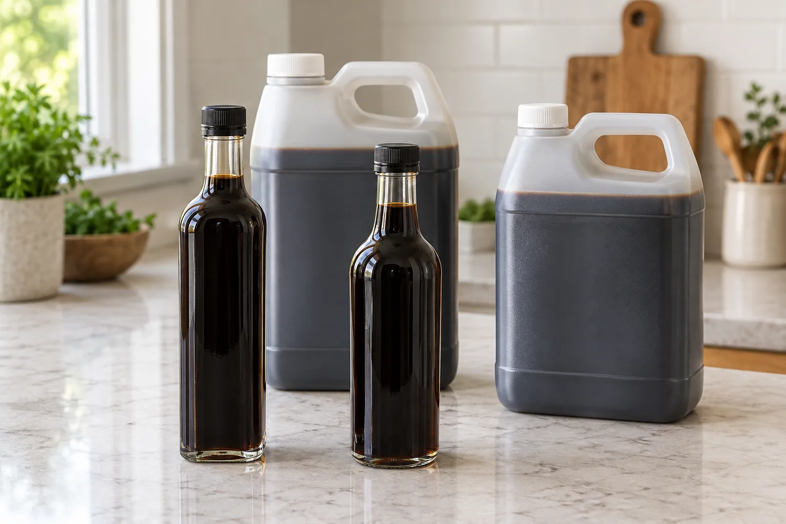 Bulk balsamic vinegar cost planning with glass bottles and handled containers on a counter.