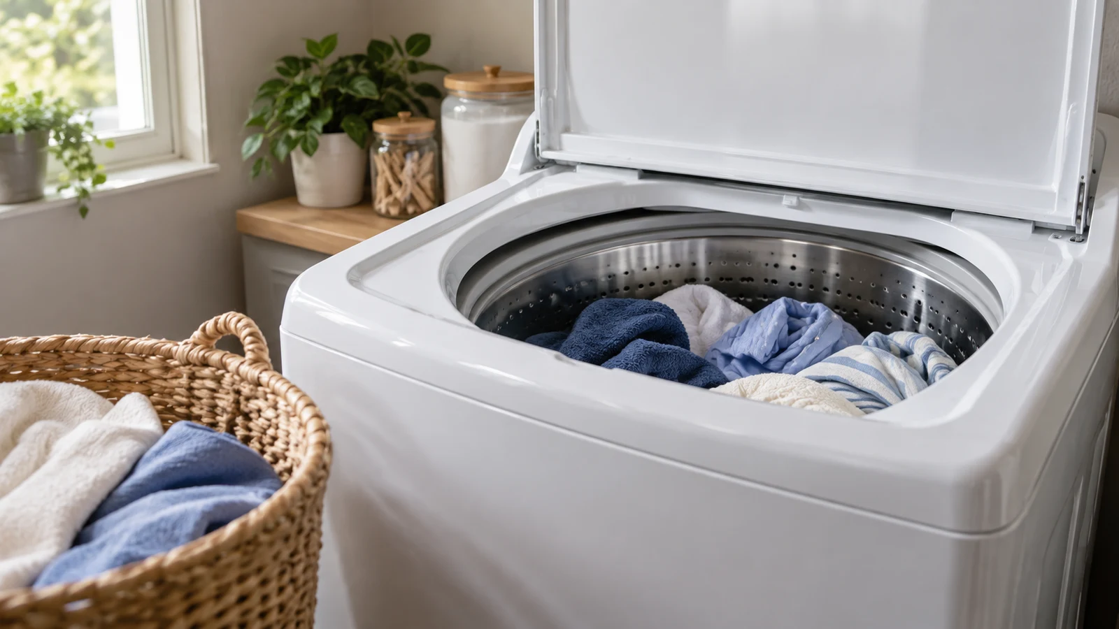 HOTPOINT washer HTW265ASWWW: An open white top-loading washer holds blue and white laundry beside a woven basket.