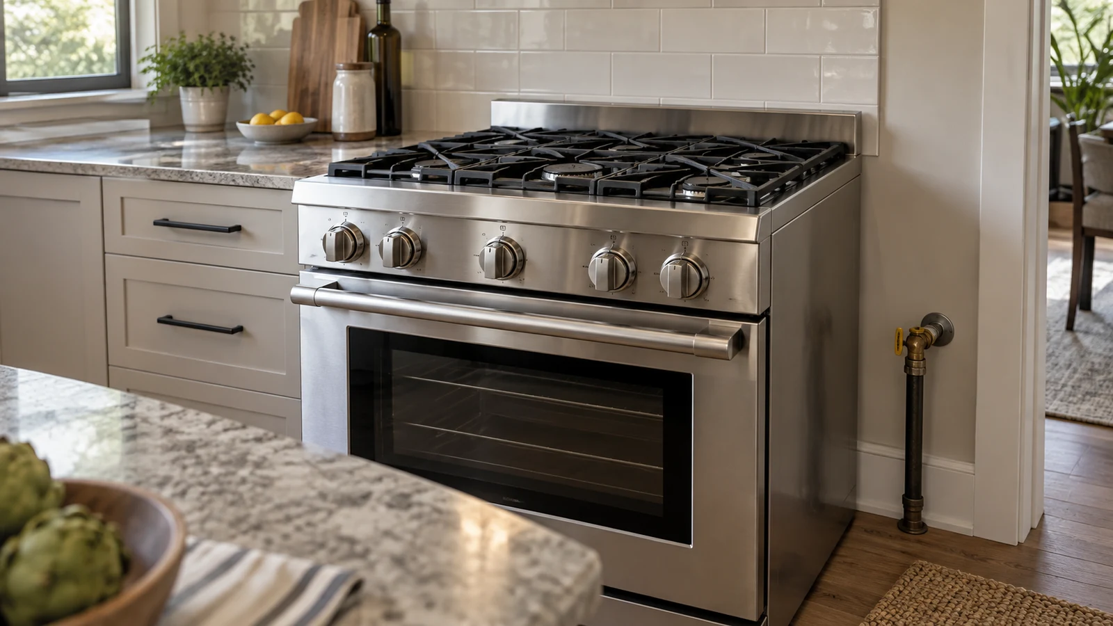 gas range fuel compatibility: A stainless-steel gas range stands beside a metal pipe and valve in a sunlit kitchen.