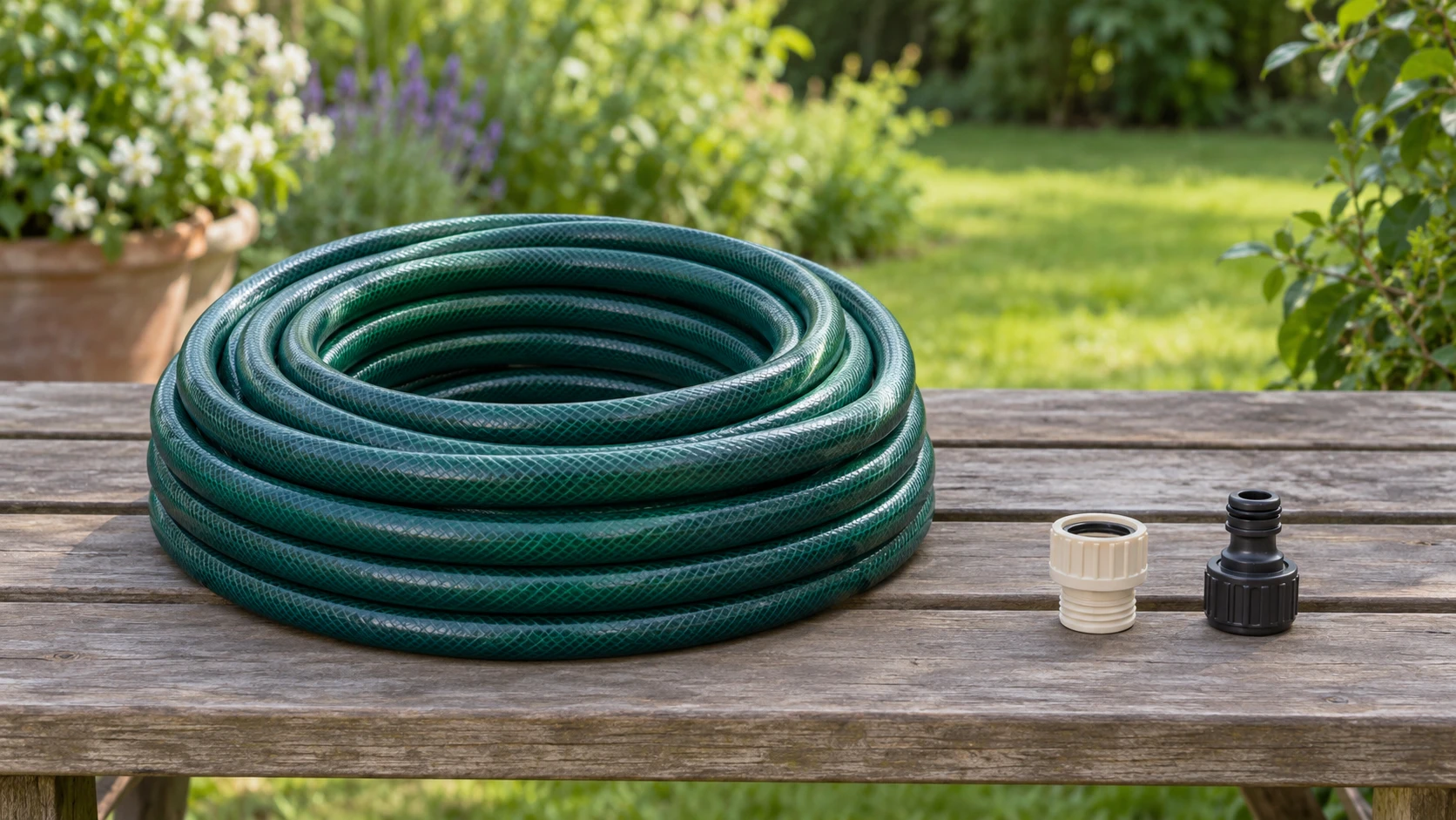 Garden hose adapter compatibility concept with a whole generic coiled hose and two separate loose fittings on an outdoor bench.