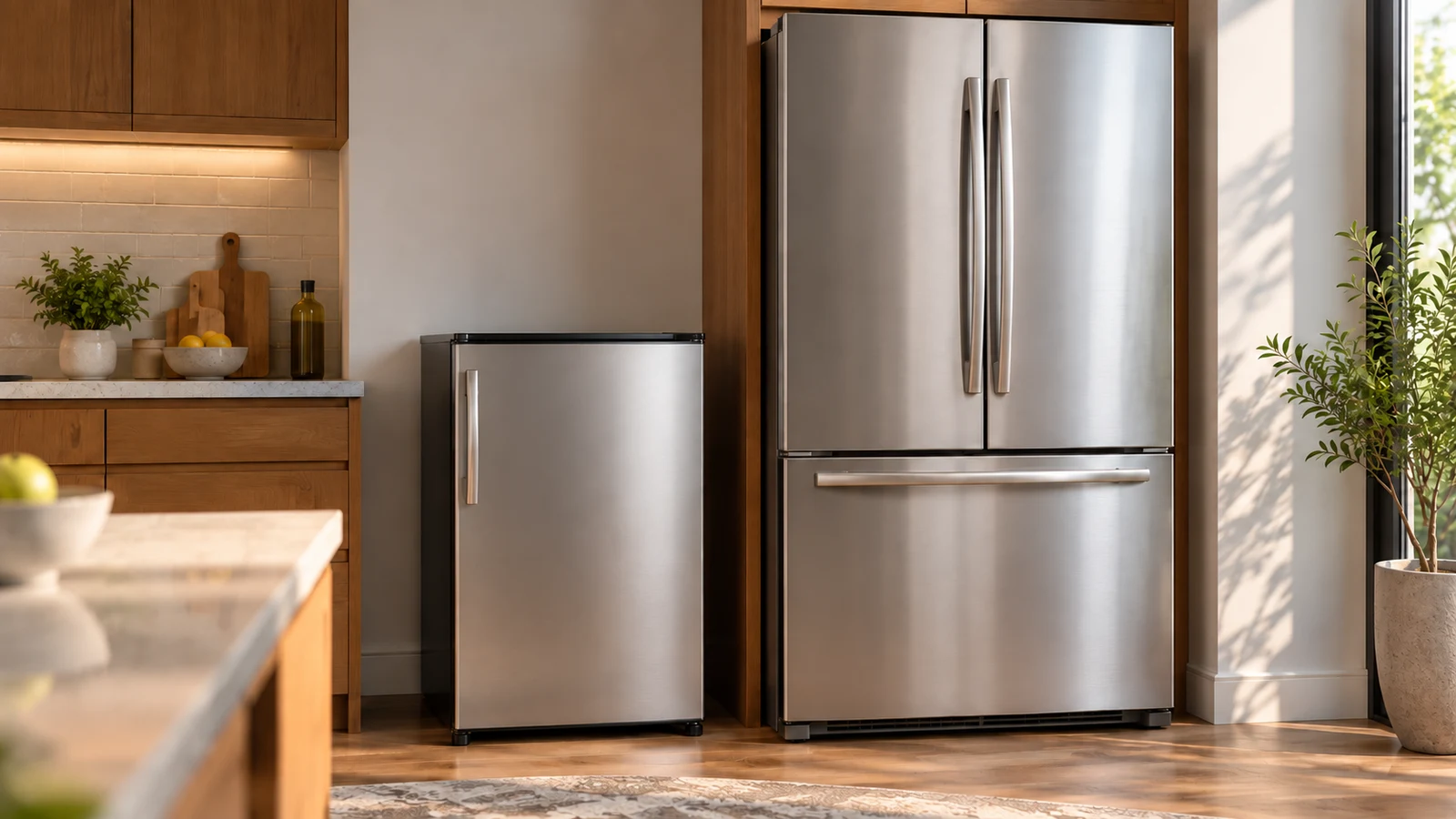 JOINSUN 3.2-cu-ft fridge: A compact refrigerator stands beside a full-size French-door refrigerator in a sunlit kitchen.