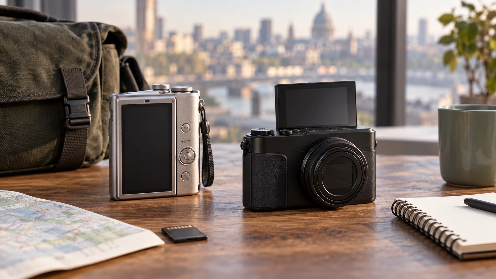 Fujifilm X half vs Canon G7 X Mark III represented by generic silver and black compact cameras with a bag and memory card; conceptual image, not actual models or included kit.