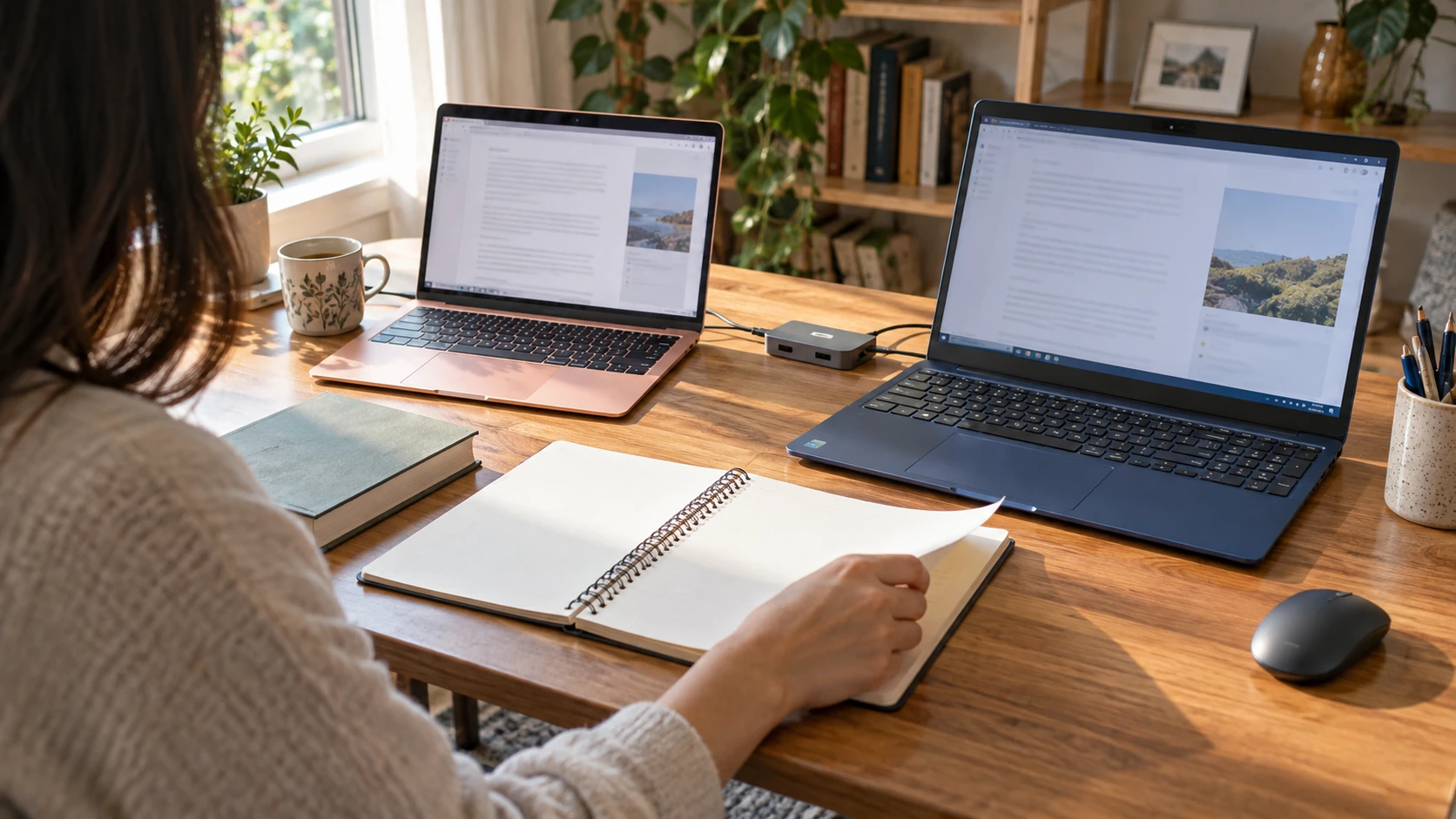 Laptop desk for handwritten study notes and cryptocurrency purchasing guide represented by generic laptops and an open notebook on a study table; conceptual editorial image, not exact HP or Lenovo devices or a payment screen.