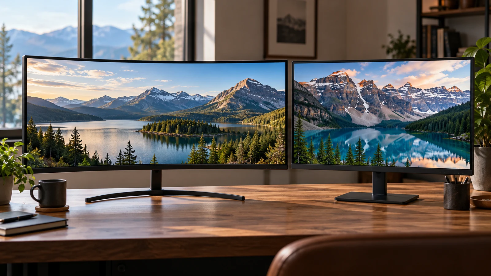 LG 34GN850-B vs Samsung UJ59: Two unbranded monitors display mountain lakes on a wooden desk.