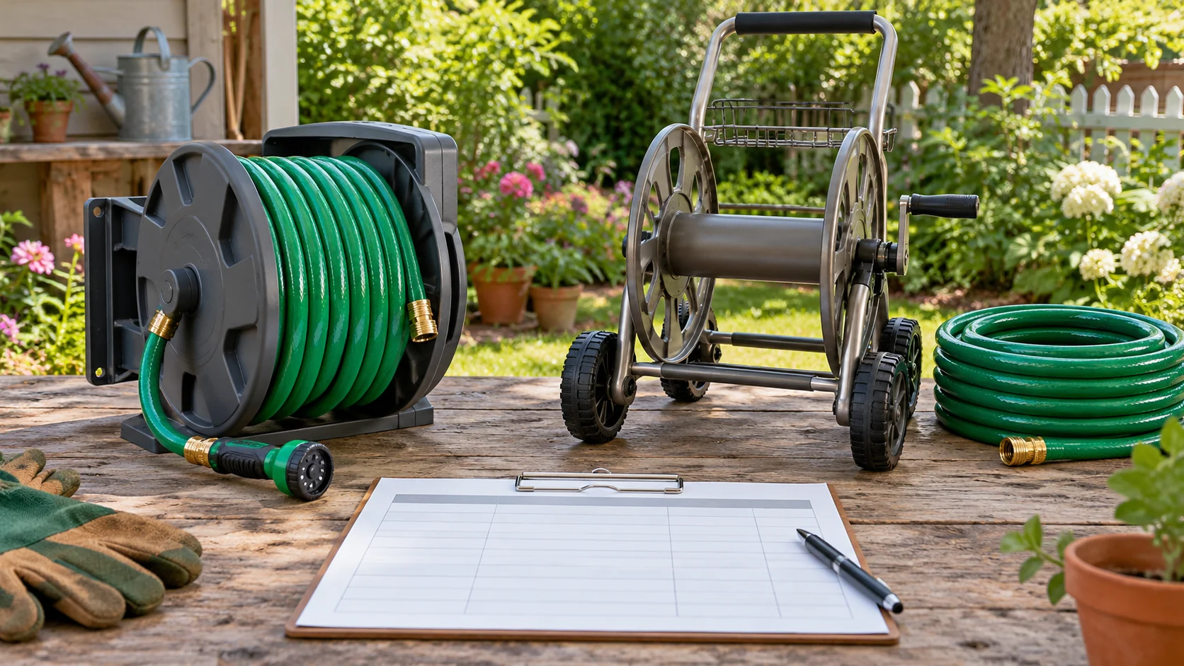 A hose reel bundle cost comparison: a reel with a hose beside an empty wheeled cart and a separate hose, with a blank worksheet for the two purchase totals