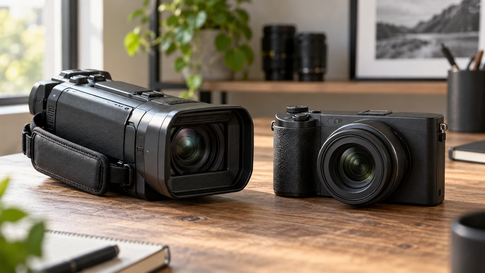 Acuvar 6K camcorder: A black camcorder and compact camera sit side by side on a wooden desk.