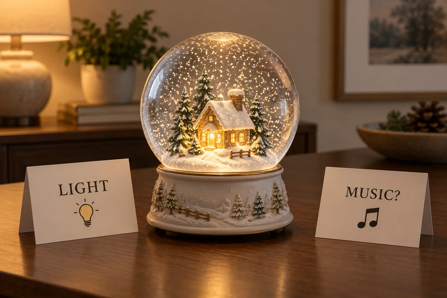 Snow globe lights but no music separates an illuminated decorative globe from a musical-function question, without an internal repair demonstration.