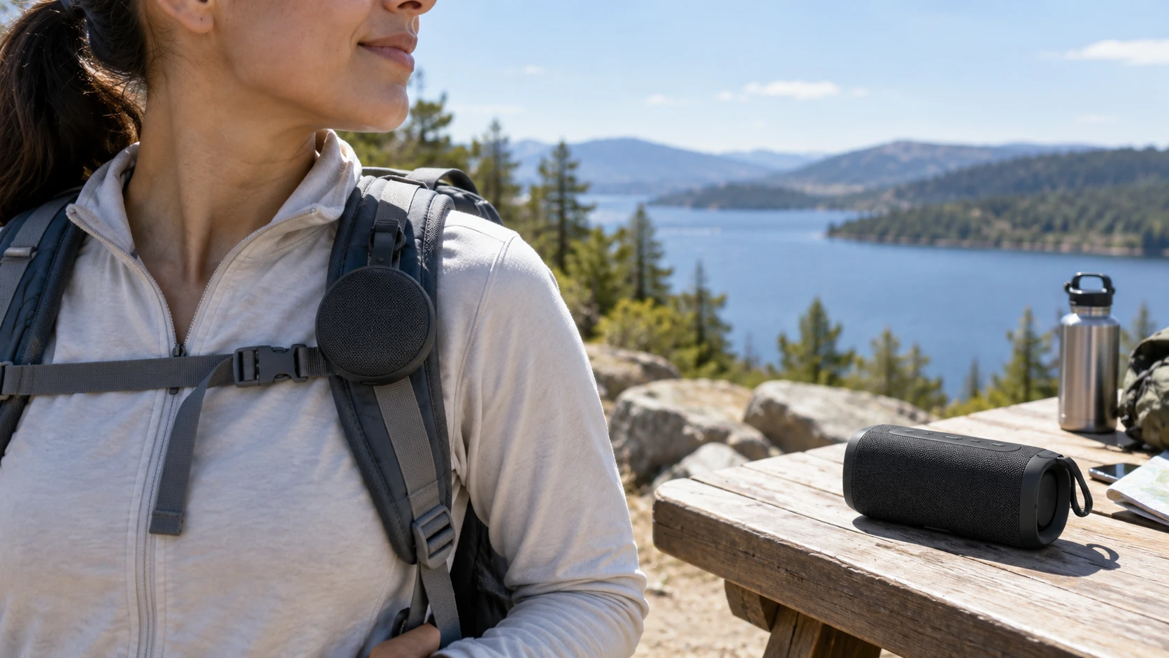 For noxgear 39g wearable speaker, weigh attachment, controls, calls, battery claims, water resistance, and outdoor use.