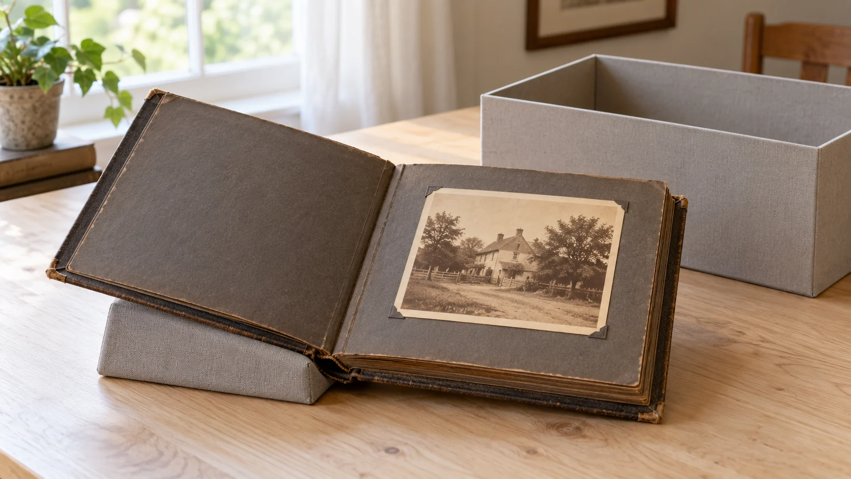 Photos stuck to album pages illustrated conceptually by a whole generic partly open old album with a whole mounted sepia photograph and a support wedge.