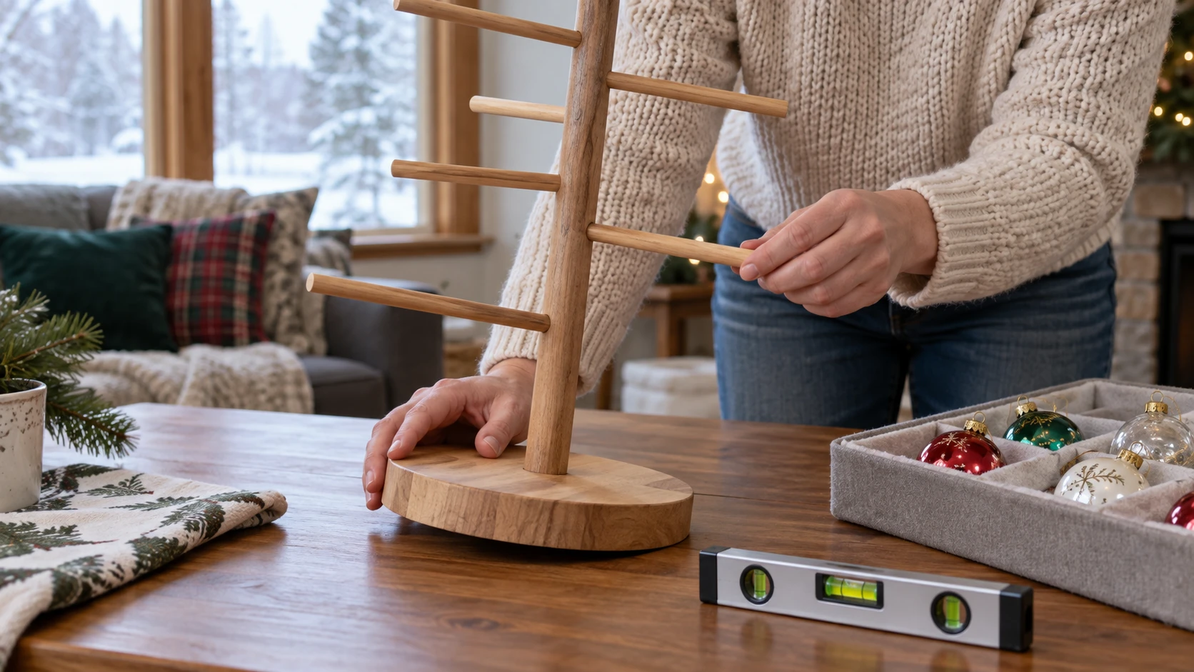 A tabletop ornament display stand unloaded on a firm table while a person checks a base and loose arm with ornaments safely set aside.