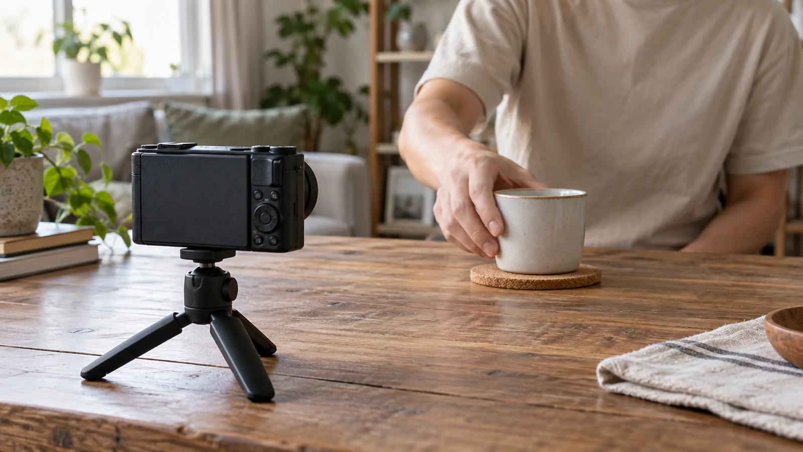 Sony ZV-1 II video loop planning: A tripod-mounted camera faces a person holding a ceramic cup on a cork coaster.
